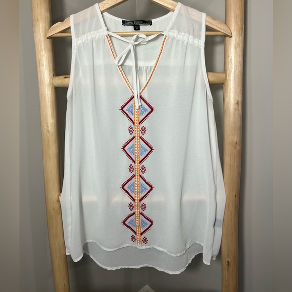 Love stitch Med sheer sleeveless tunic embroidered white top tie front keyhole - Picture 1 of 9